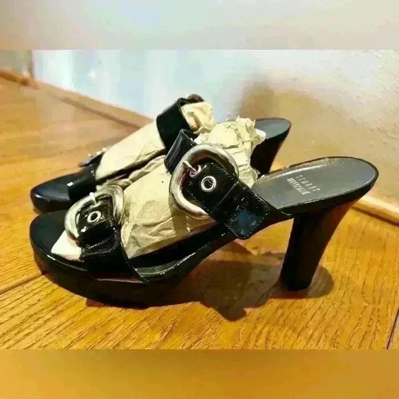 Stuart Weitzman Y2K Chunky Buckle Black Heels Size 7.5 - Picture 7 of 10
